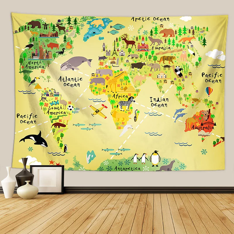 Animals World Map Tapestry Wall Hanging Large Kids Educational Landmarks World Map Tapestry Kindergarten Children's Room Decor