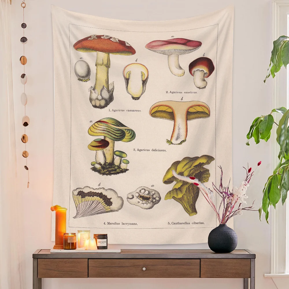 Botanical Print Floral Tapestry Wall Hanging Mushroom Tapestry Vintage Boho Wildflower Vegetable Tapestry Colorful Home Decor