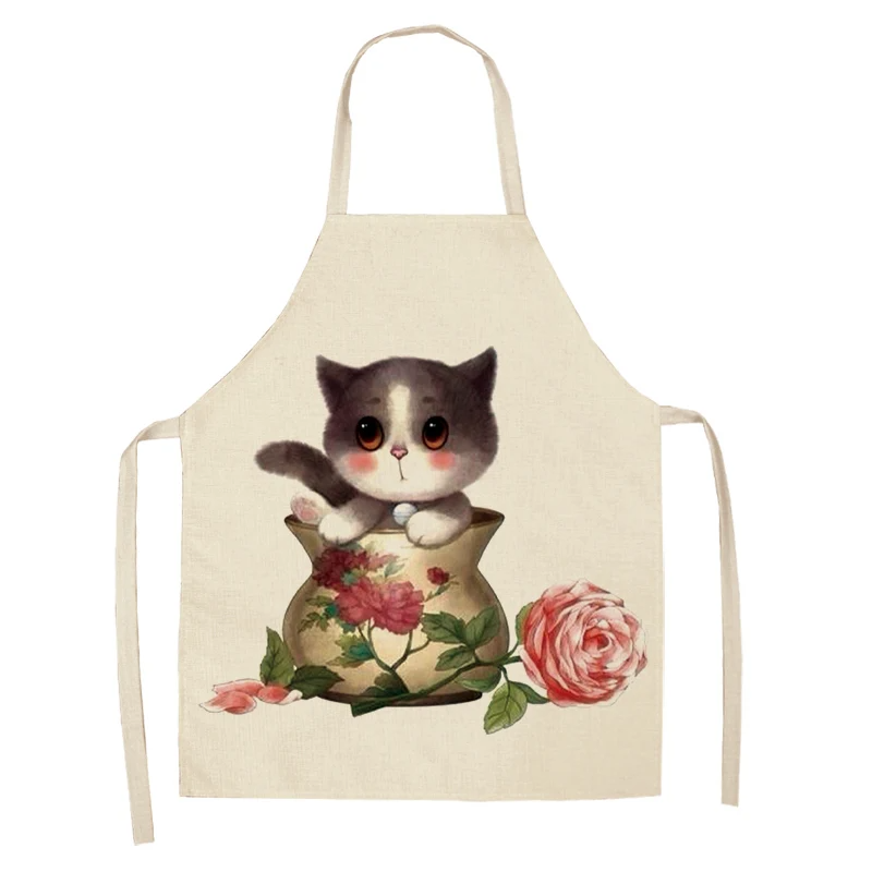 Chef Kitchen Apron for Woman Cute Cartoon Cat Printed Sleeveless Cotton Linen Aprons For Cooking Home Cleaning Tools