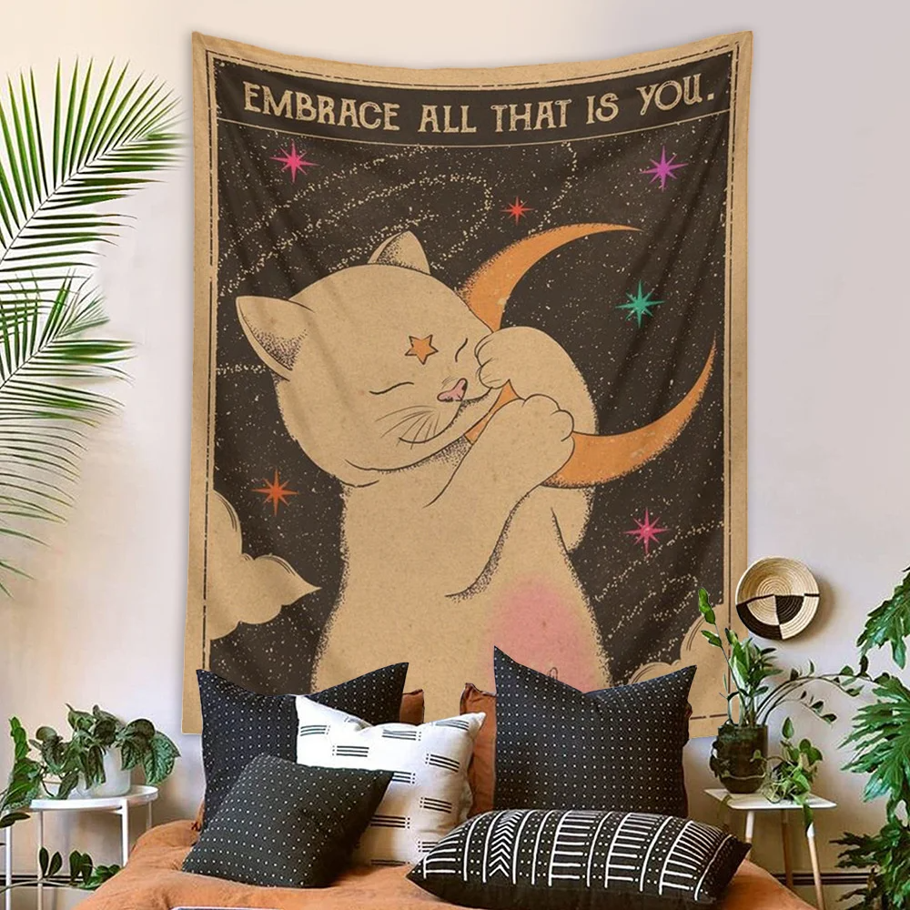 Kawaii Tarot Cat Cute Wall Hanging Tapestry Decorative Cat Paws Tarot Art Blanket Curtain Hanging Home Bedroom Living Room Decor