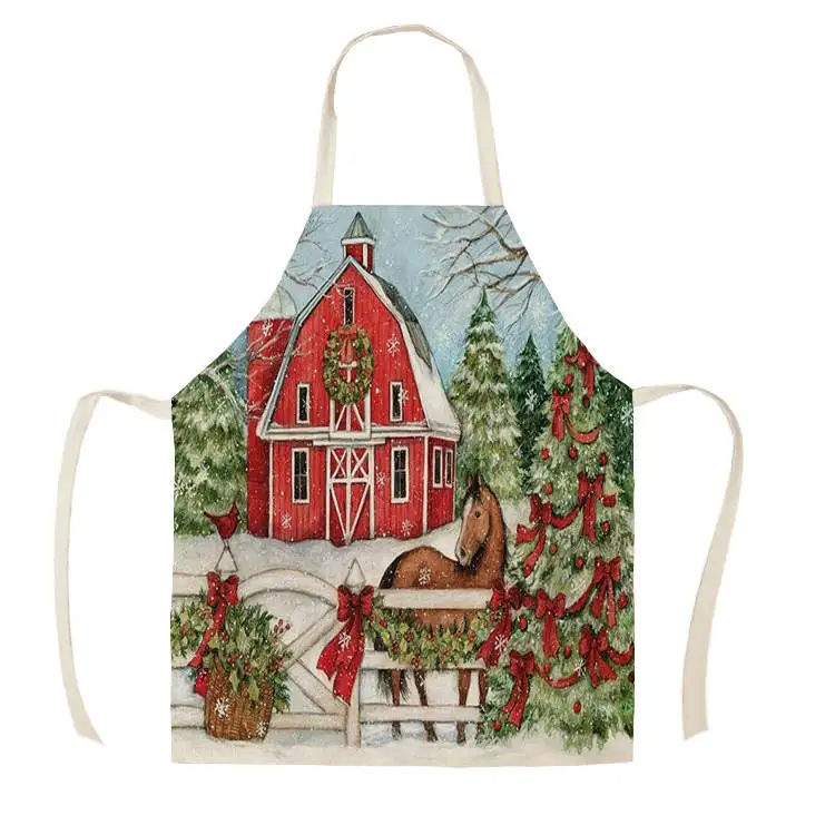 1Pcs Kitchen Apron red truck christmas wish tree Printed Sleeveless Cotton Linen Aprons for Men Women Home Cleaning Tools
