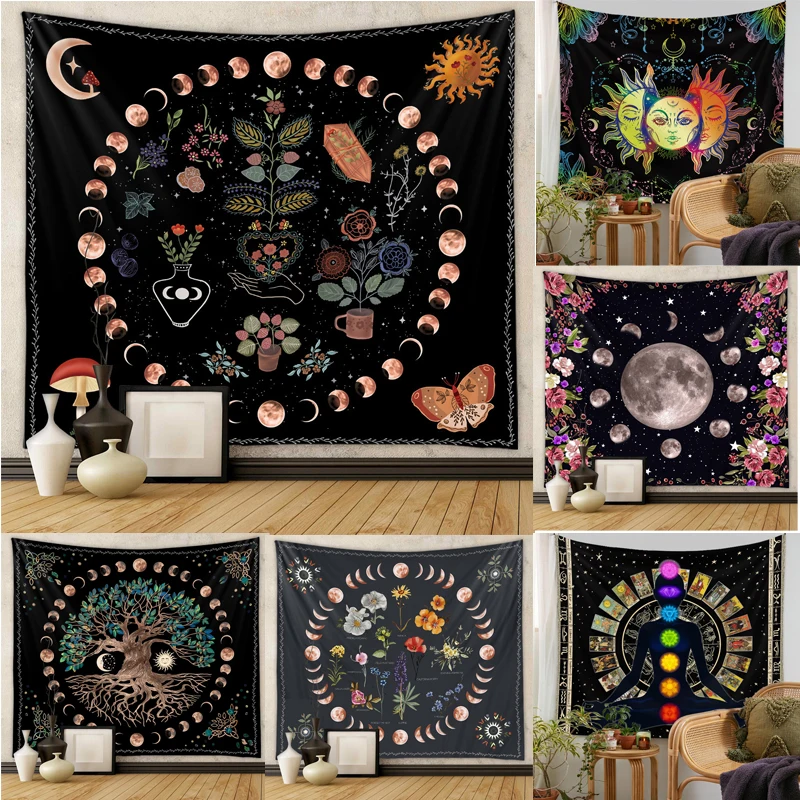 Moon Phase Tapestry Wall Hanging White Black Colorful Sun Mandala Tapestry Wall Hanging Celestial Wall Tapestry Hippie Wall Carp