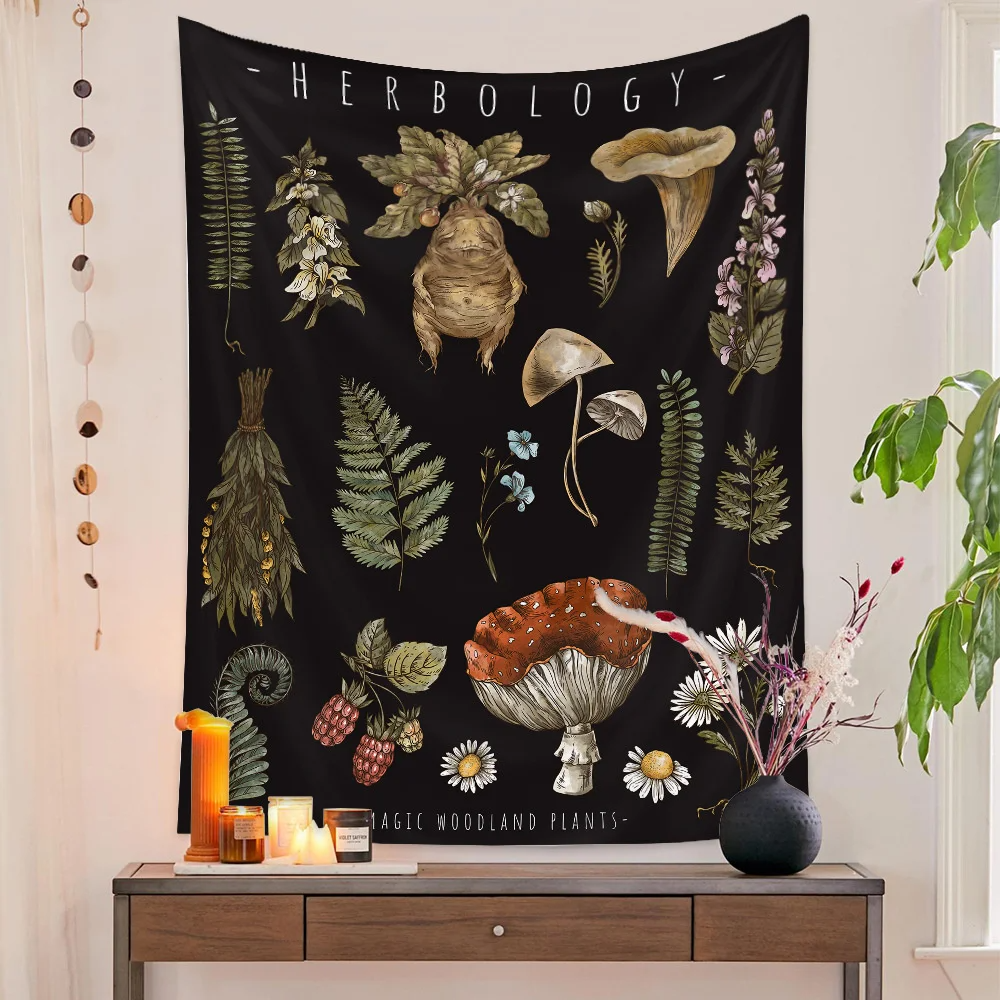 Botanical Print Floral Tapestry Wall Hanging Mushroom Tapestry Vintage Boho Wildflower Vegetable Tapestry Colorful Home Decor