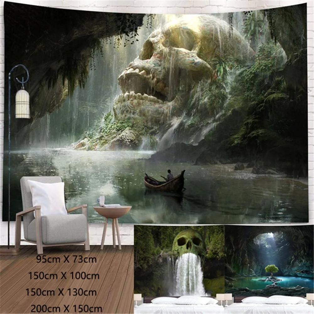 Natural Skull Head Water Spray Waterfall 3D Printing Tapestry Wall Home Decoration Wall Background Cloth