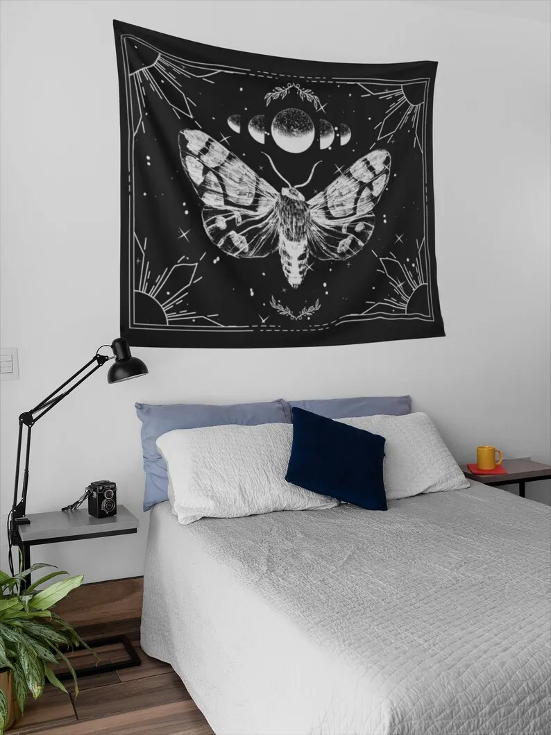 Moth tapestry Dark Moon tapestry aesthetic Goth tapestry Hippie wall art Insect art Spiritual decor Wiccan Gothic for her