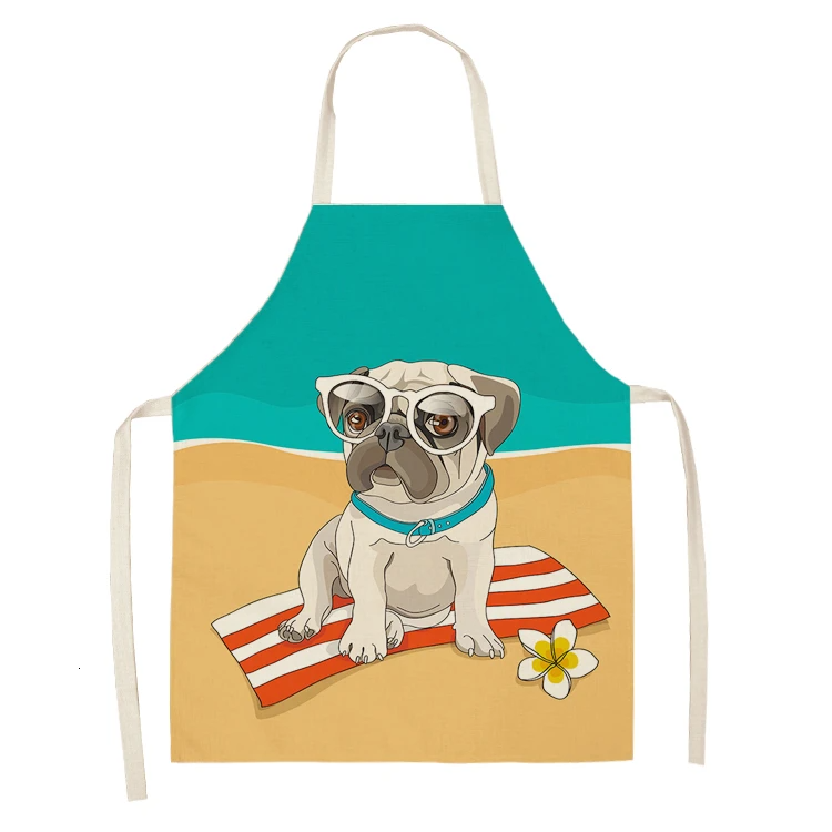 Cute Dog Pug Pattern Cotton Linen Sleeveless Chef Apron Kitchen Aprons Women Home Cooking Baking Waist Bib Pinafore
