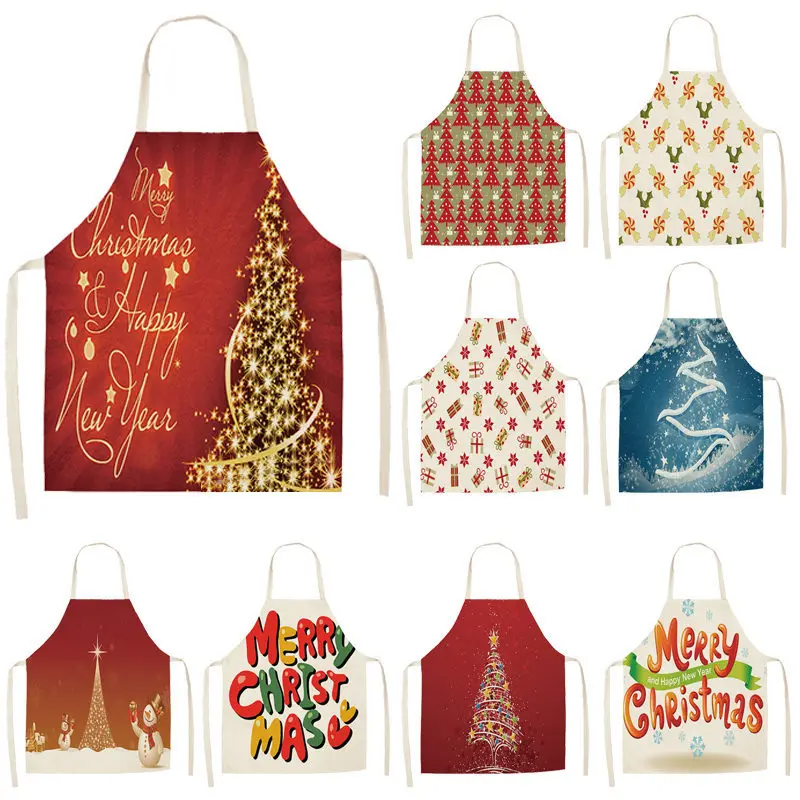 1pc Christmas Aprons Pinafore Cotton Linen Kitchen Apron Woman Bibs for Home Cooking Baking Cleaning Accessories