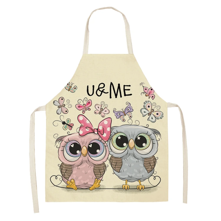 1Pcs Owl Sleeveless Chef Apron Cotton Linen Flower Printed Kitchen Brief Pinafore Women Home Cooking Baking Waist Bib