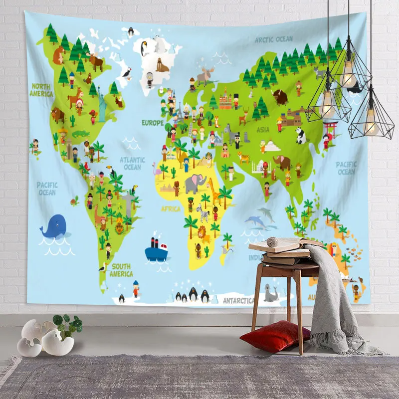 Animals World Map Tapestry Wall Hanging Large Kids Educational Landmarks World Map Tapestry Kindergarten Children's Room Decor