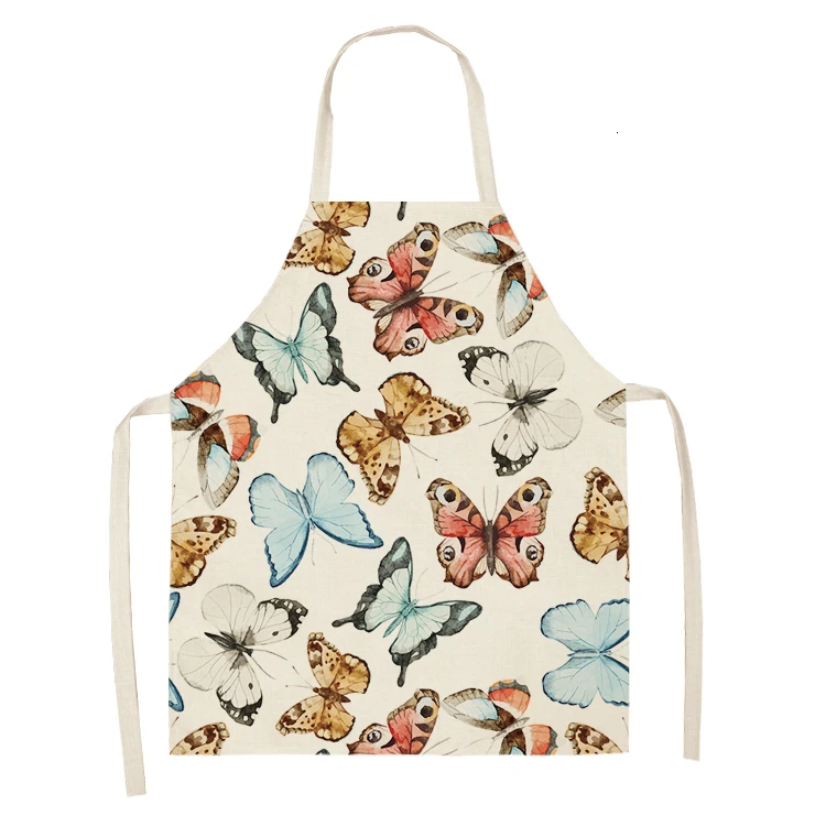 1PC Cotton Baking Waist Bib Linen Flower Butterfly Printed Kitchen Sleeveless Chef Apron Women Home Cooking Pinafore