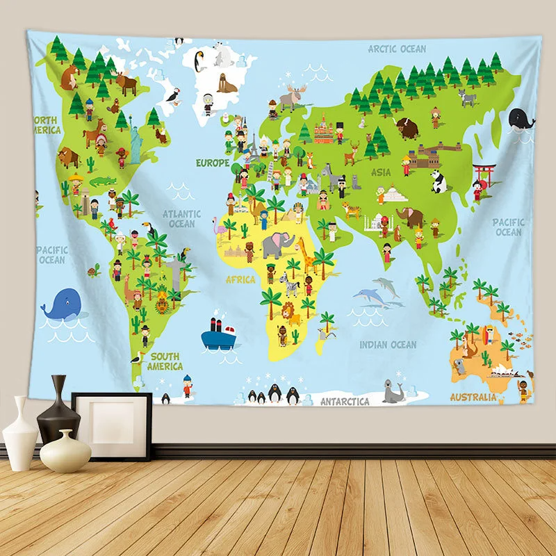Animals World Map Tapestry Wall Hanging Large Kids Educational Landmarks World Map Tapestry Kindergarten Children's Room Decor