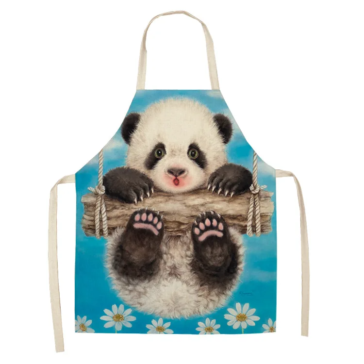 Parent-child Kitchen Apron Cartoon Cat/Panda/Tiger Printed Sleeveless Cotton Linen Aprons for Men Women Home Cleaning Tools