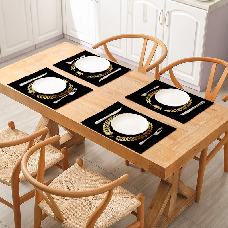Home Decor Black Gold Letter Printing Linen Placemat for Dining Table Drink Coaster Home Decoration Modern Kitchen Cup Pads