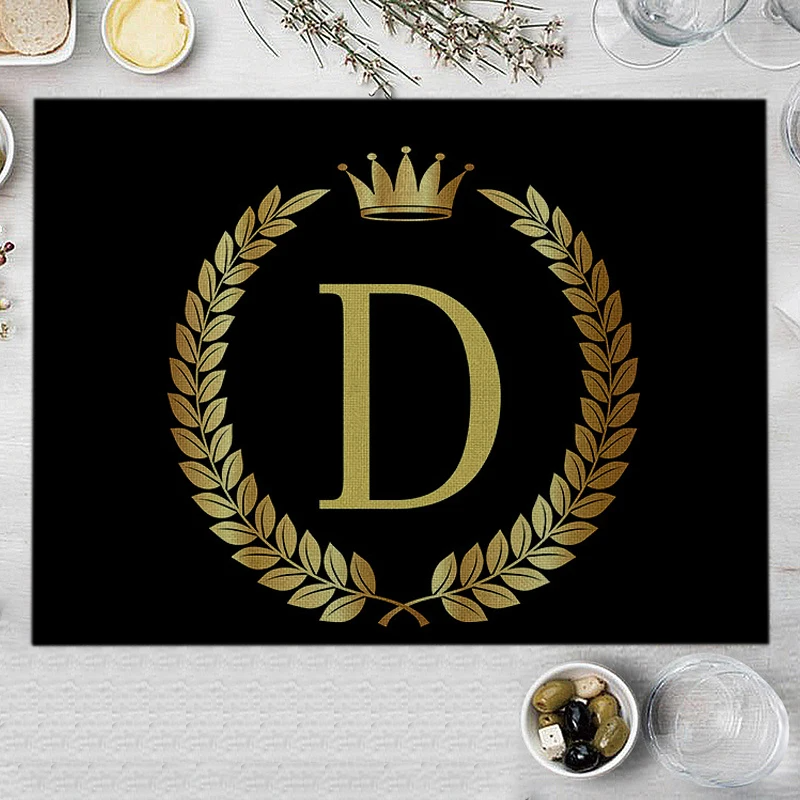 Home Decor Black Gold Letter Printing Linen Placemat for Dining Table Drink Coaster Home Decoration Modern Kitchen Cup Pads