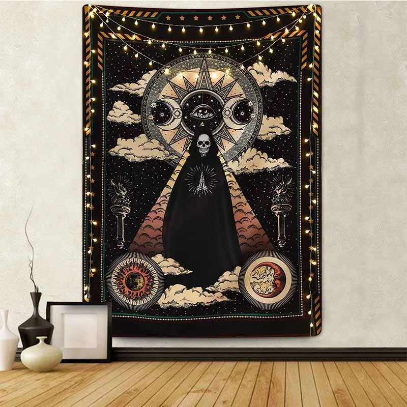 Sun Moon Black Skull Tapestry Wall Hanging Ancient Wall Tapestry Witchcraft Hippie Tapestry Wall Carpets Psychedelic Tapestry