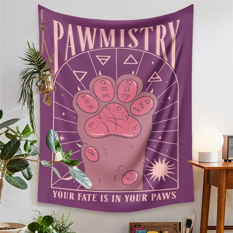 Kawaii Tarot Cat Cute Wall Hanging Tapestry Decorative Cat Paws Tarot Art Blanket Curtain Hanging Home Bedroom Living Room Decor