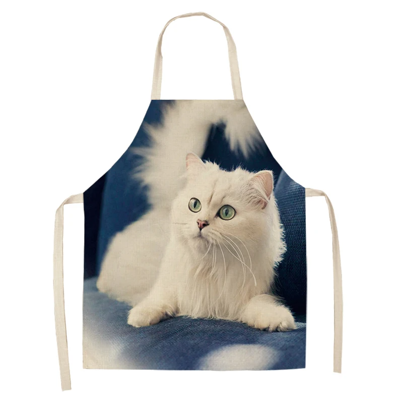 Chef Kitchen Apron for Woman Cute Cartoon Cat Printed Sleeveless Cotton Linen Aprons For Cooking Home Cleaning Tools
