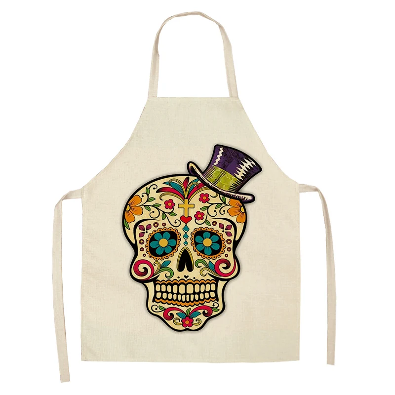 1Pcs Skull Pattern Kitchen Apron for Cooking Sleeveless Cotton Linen Aprons Adult Bibs Home Cleaning Accessories