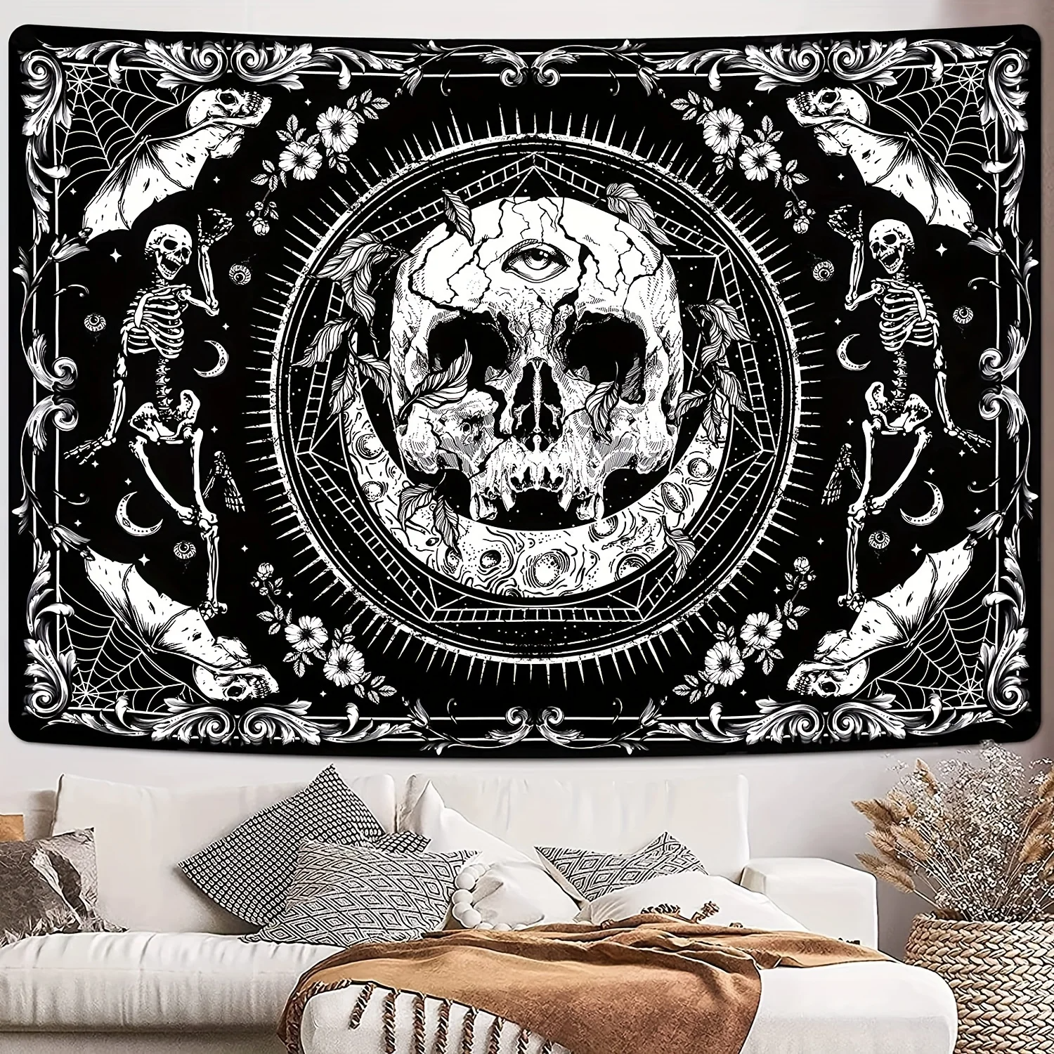 1pc Boho Skull Print Tapestry, Wall Hanging Peach Skin Tapestry For Living Room Bedroom Dorm Room Decor Home Decor