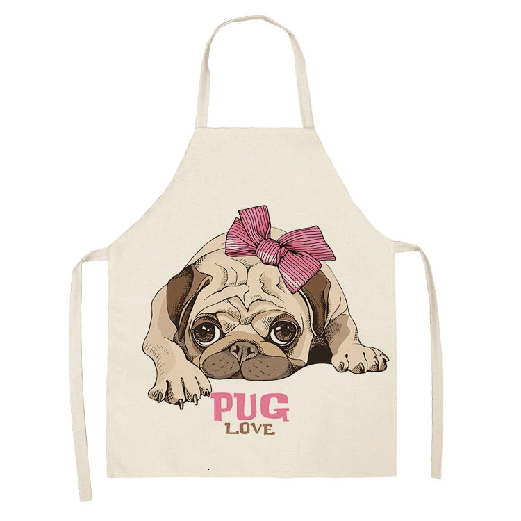 Cute Dog Pug Pattern Cotton Linen Sleeveless Chef Apron Kitchen Aprons Women Home Cooking Baking Waist Bib Pinafore