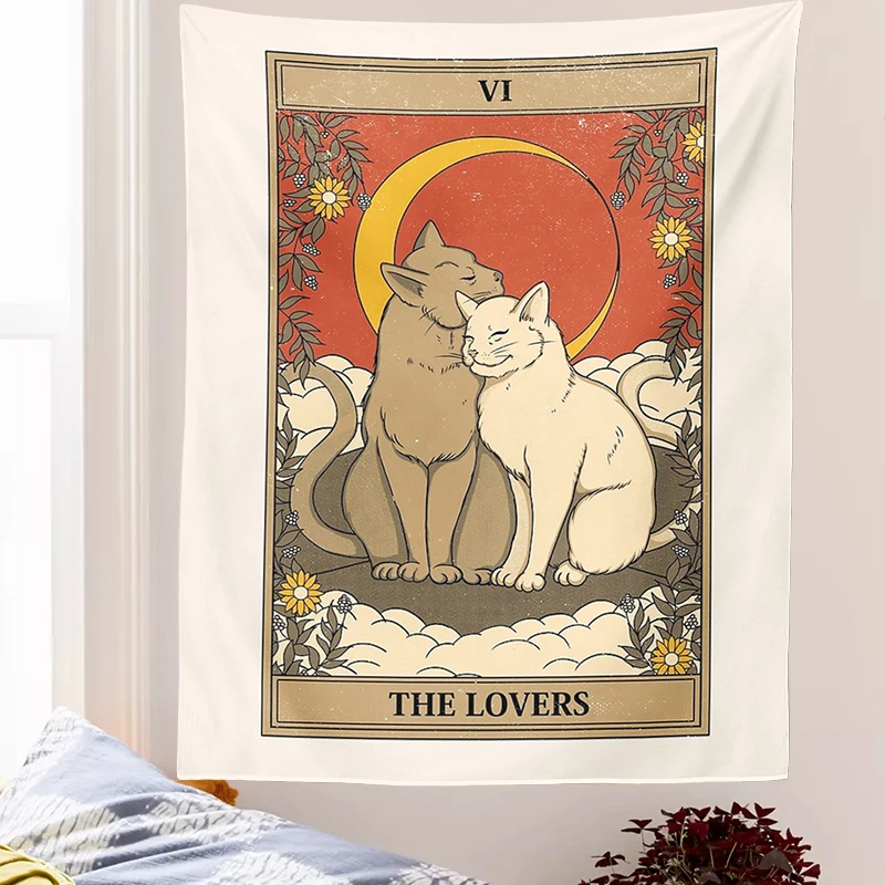 Cat Divination Witchcraft Tarot Card Tapestry Wall Hanging Tapestries Baphomet Occult Home Wall Moon phase Mat Decor Cat Coven