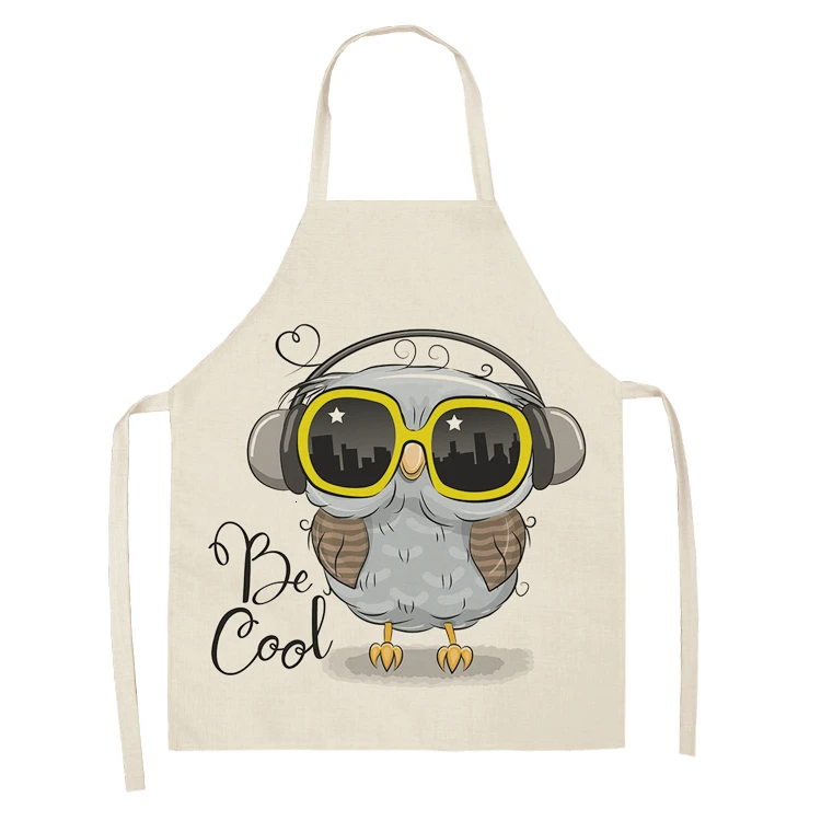 1Pcs Owl Sleeveless Chef Apron Cotton Linen Flower Printed Kitchen Brief Pinafore Women Home Cooking Baking Waist Bib