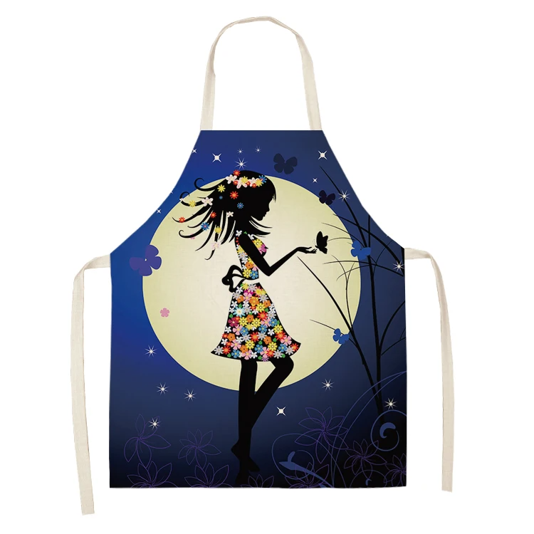 1Pc Cotton Linen Flower Butterfly Girl Printed Kitchen Aprons for Women Home Cooking Baking Waist Bib Pinafore