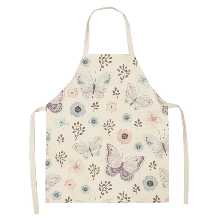 1PC Cotton Baking Waist Bib Linen Flower Butterfly Printed Kitchen Sleeveless Chef Apron Women Home Cooking Pinafore