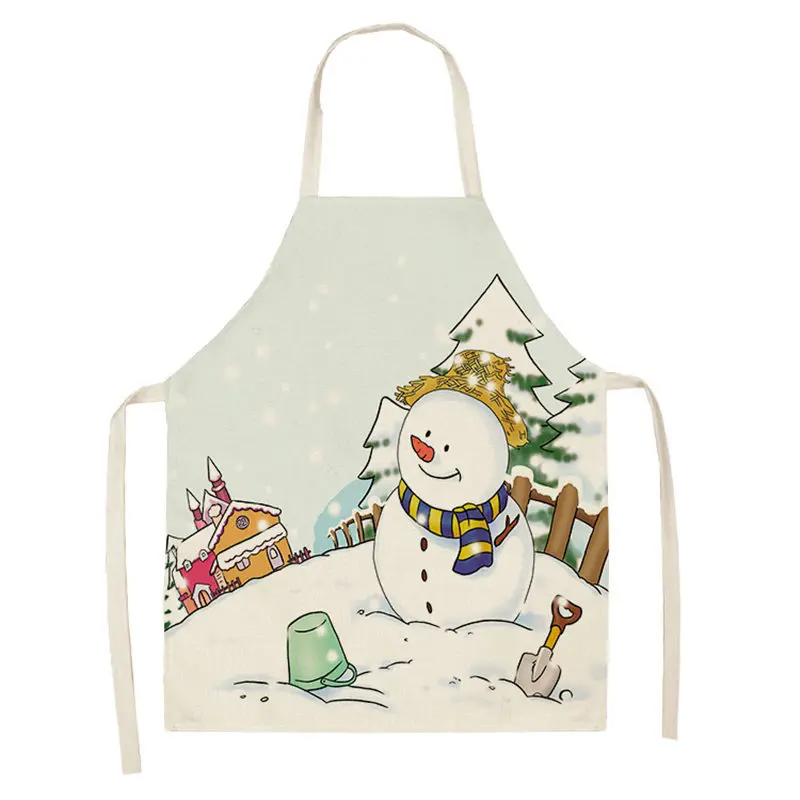 1pc Christmas Apron Santa Claus Snowman Pinafore Cotton Linen Chef Aprons Adult Bibs  for Home Kitchen Cooking Baking