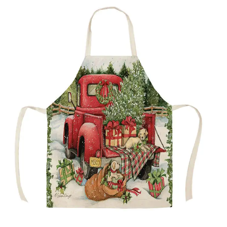 1Pcs Kitchen Apron red truck christmas wish tree Printed Sleeveless Cotton Linen Aprons for Men Women Home Cleaning Tools