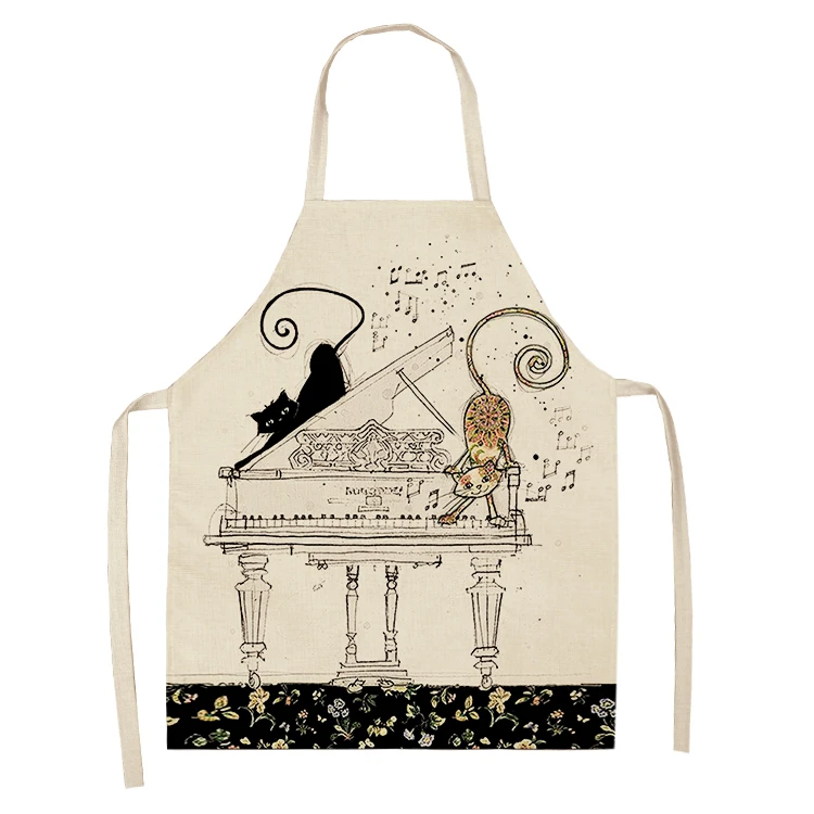 Black White Cat Letter Kitchen Aprons For Women Cotton Linen Bibs Household Cleaning Pinafore Home Cooking Apron 55x68cm