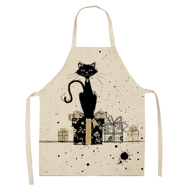 Black White Cat Letter Kitchen Aprons For Women Cotton Linen Bibs Household Cleaning Pinafore Home Cooking Apron 55x68cm