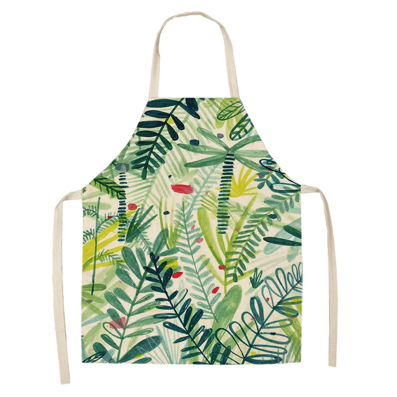 1Pc Succulent Plants Green Leaves Pattern Kitchen Chef Aprons Home Cooking Baking Shop Cotton Linen Cleaning Apron