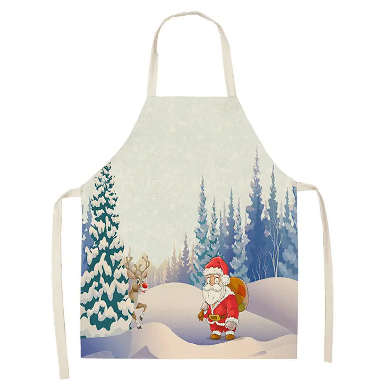 1pc Christmas Apron Santa Claus Snowman Pinafore Cotton Linen Chef Aprons Adult Bibs  for Home Kitchen Cooking Baking