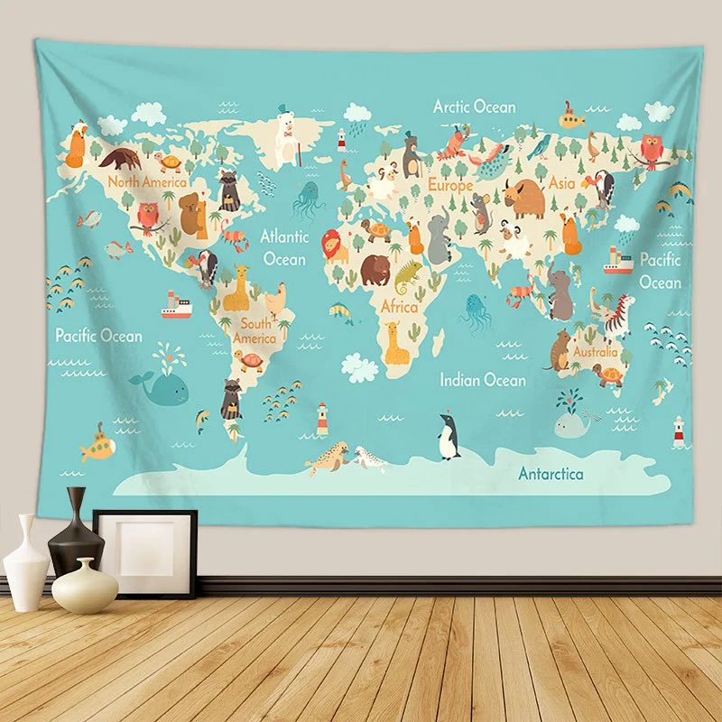 Animals World Map Tapestry Wall Hanging Large Kids Educational Landmarks World Map Tapestry Kindergarten Children's Room Decor