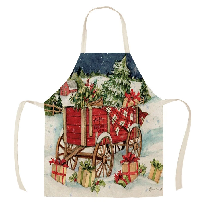 1Pcs Kitchen Apron red truck christmas wish tree Printed Sleeveless Cotton Linen Aprons for Men Women Home Cleaning Tools