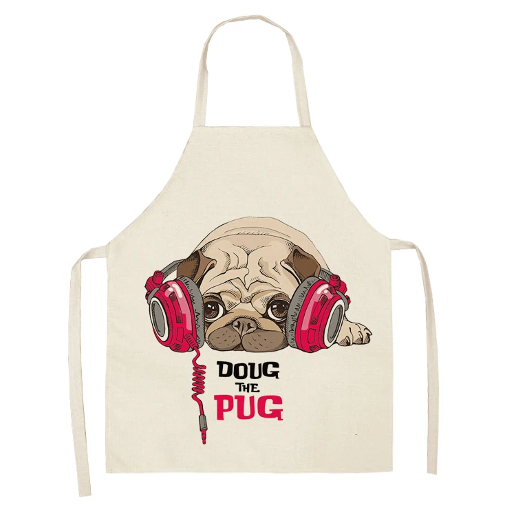 Cute Dog Pug Pattern Cotton Linen Sleeveless Chef Apron Kitchen Aprons Women Home Cooking Baking Waist Bib Pinafore
