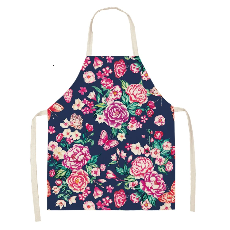 1PC Cotton Baking Waist Bib Linen Flower Butterfly Printed Kitchen Sleeveless Chef Apron Women Home Cooking Pinafore