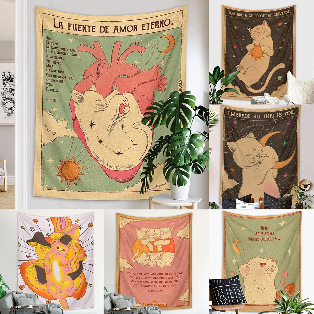 Kawaii Tarot Cat Cute Wall Hanging Tapestry Decorative Cat Paws Tarot Art Blanket Curtain Hanging Home Bedroom Living Room Decor