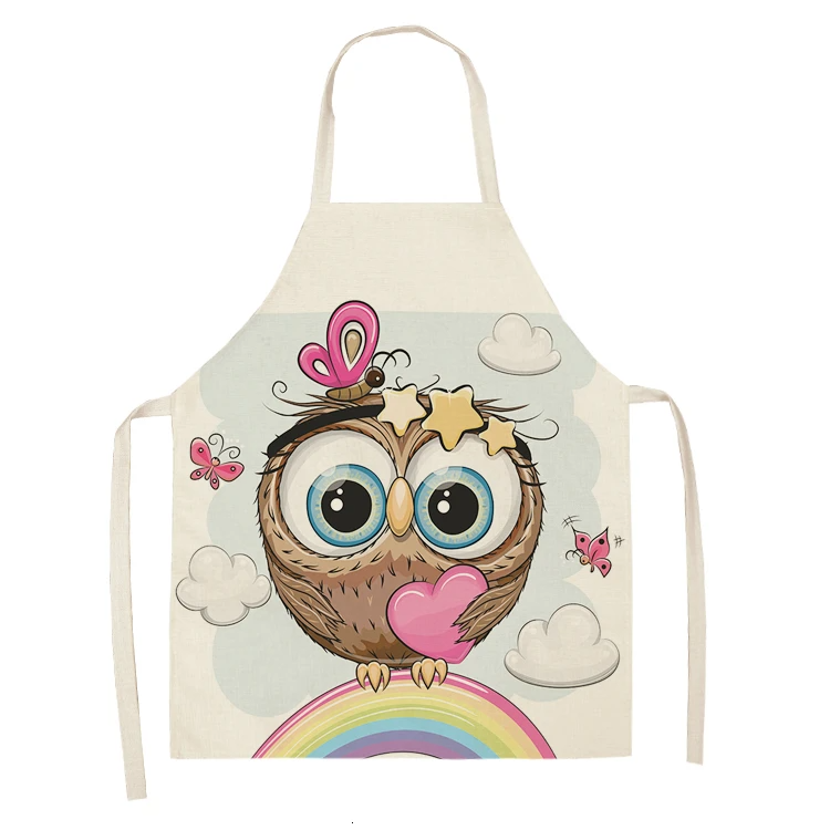 1Pcs Owl Sleeveless Chef Apron Cotton Linen Flower Printed Kitchen Brief Pinafore Women Home Cooking Baking Waist Bib