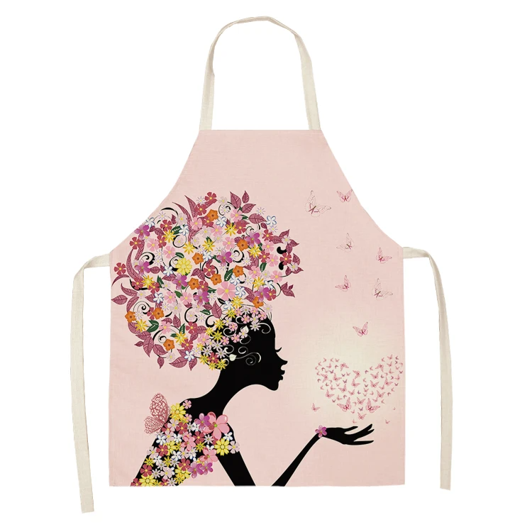 1Pc Cotton Linen Flower Butterfly Girl Printed Kitchen Aprons for Women Home Cooking Baking Waist Bib Pinafore