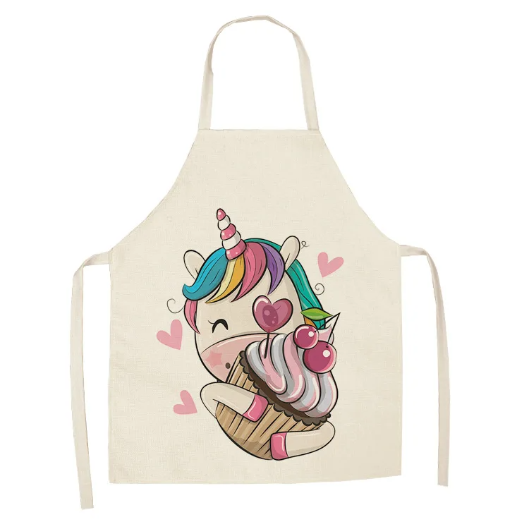 Parent-child Kitchen Apron Cartoon Rainbow Unicorn Printed Sleeveless Cotton Linen Aprons for Men Women Home Cleaning Tools