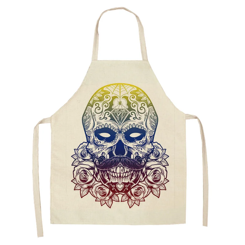1Pcs Skull Pattern Kitchen Apron for Cooking Sleeveless Cotton Linen Aprons Adult Bibs Home Cleaning Accessories