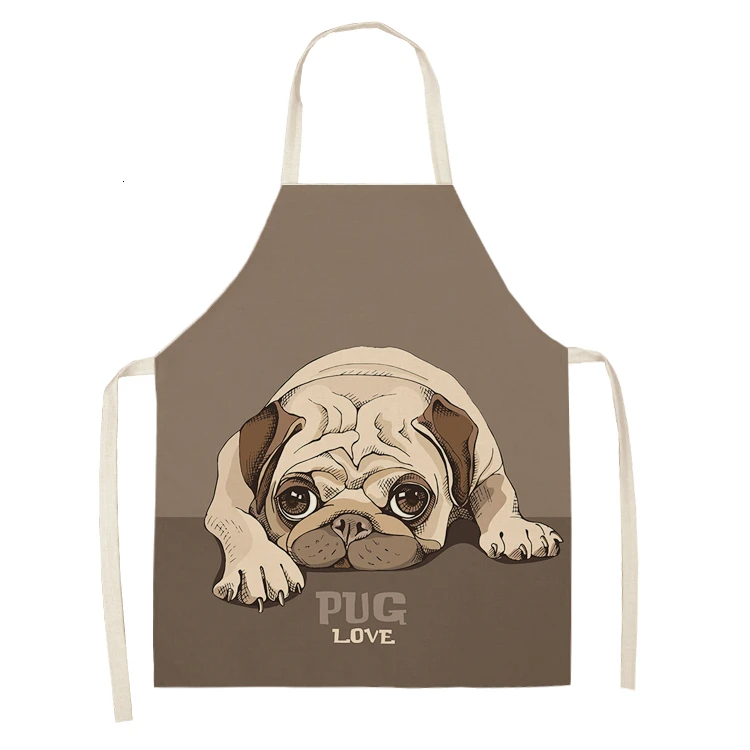 Cute Dog Pug Pattern Cotton Linen Sleeveless Chef Apron Kitchen Aprons Women Home Cooking Baking Waist Bib Pinafore