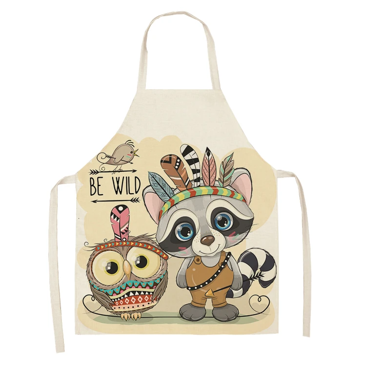 1Pcs Owl Sleeveless Chef Apron Cotton Linen Flower Printed Kitchen Brief Pinafore Women Home Cooking Baking Waist Bib