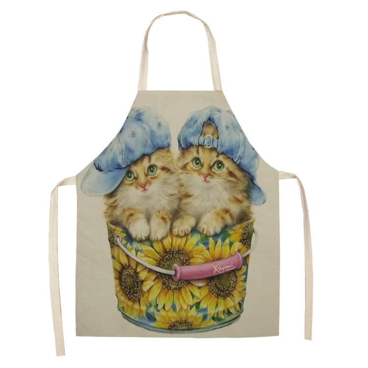 Parent-child Kitchen Apron Cartoon Cat/Panda/Tiger Printed Sleeveless Cotton Linen Aprons for Men Women Home Cleaning Tools