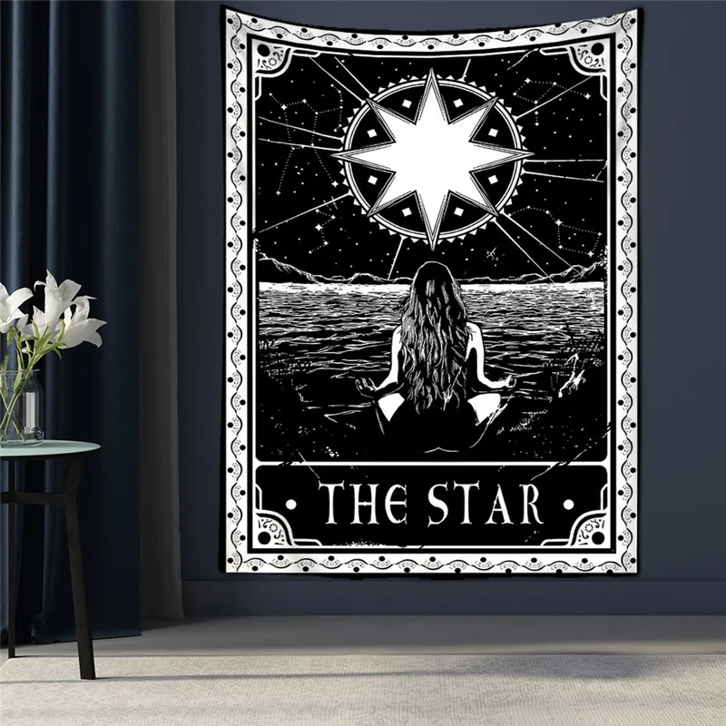Black Tapestry Wall Hanging Psychedelic Sun Tarot Card Hippie Astrology Divination Witchcraft Background Wall Room Boho Decor