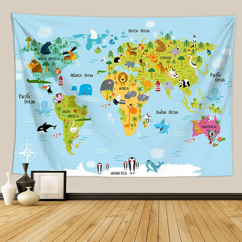 Animals World Map Tapestry Wall Hanging Large Kids Educational Landmarks World Map Tapestry Kindergarten Children's Room Decor