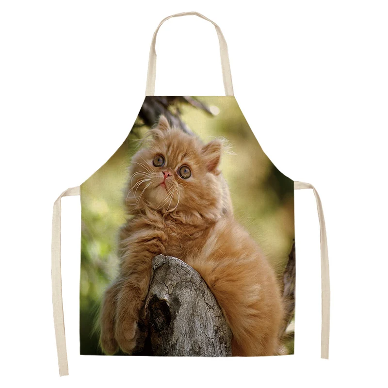 Chef Kitchen Apron for Woman Cute Cartoon Cat Printed Sleeveless Cotton Linen Aprons For Cooking Home Cleaning Tools