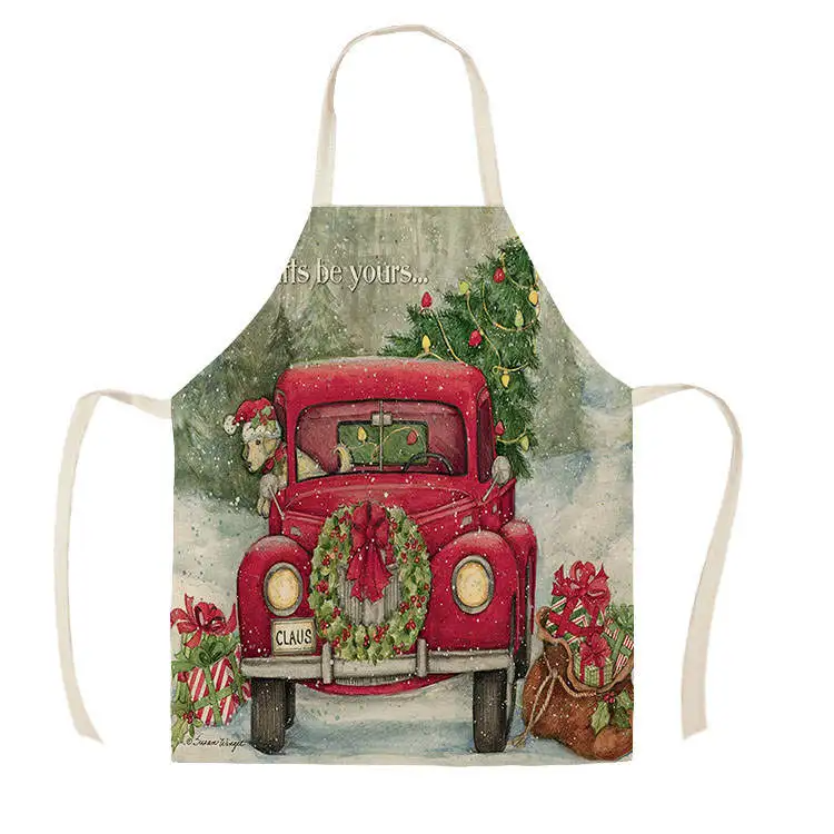 1Pcs Kitchen Apron red truck christmas wish tree Printed Sleeveless Cotton Linen Aprons for Men Women Home Cleaning Tools
